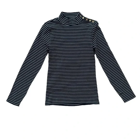 J. Crew Black Striped Gold Button Mock Neck Long Sleeve Top, S - Picture 2 of 12
